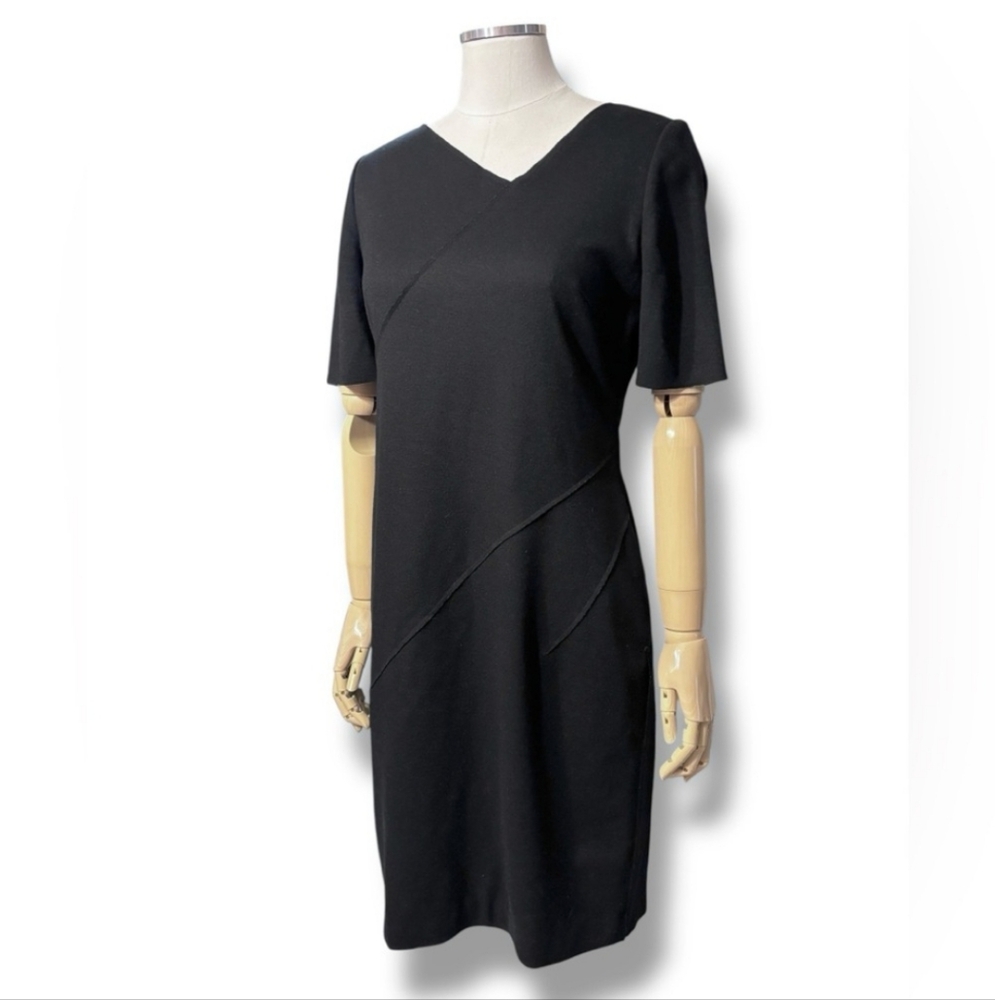 ELIE TAHARI Black Wool Blend Sheath Dress Asymmetrical Neckline Raw Edge